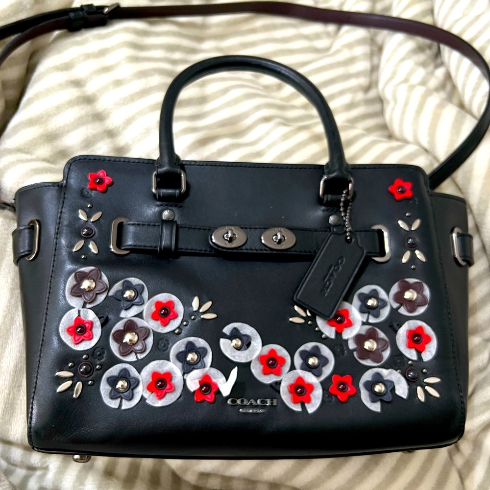 COACH HANDBAG BLACK WITH RED FLOWERS